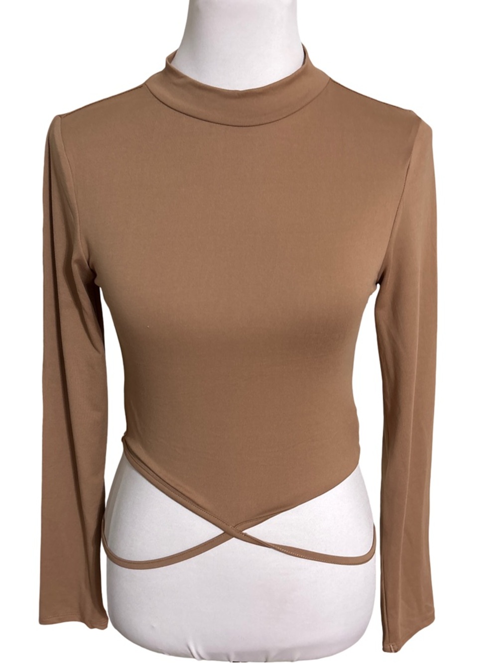 Ambiance Brown Crisscross Mock Neck Long Sleeve Crop Top